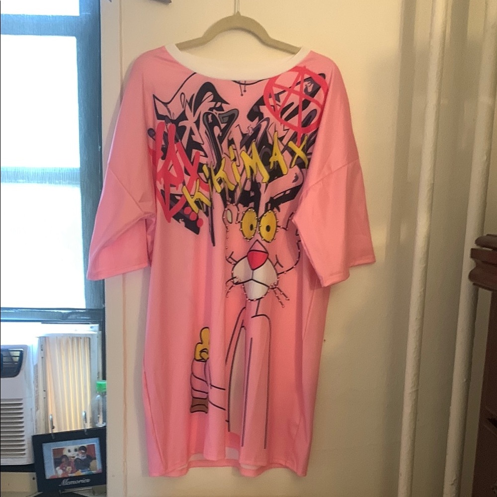 Pink Graphic Cartoon T-Shirt Dress